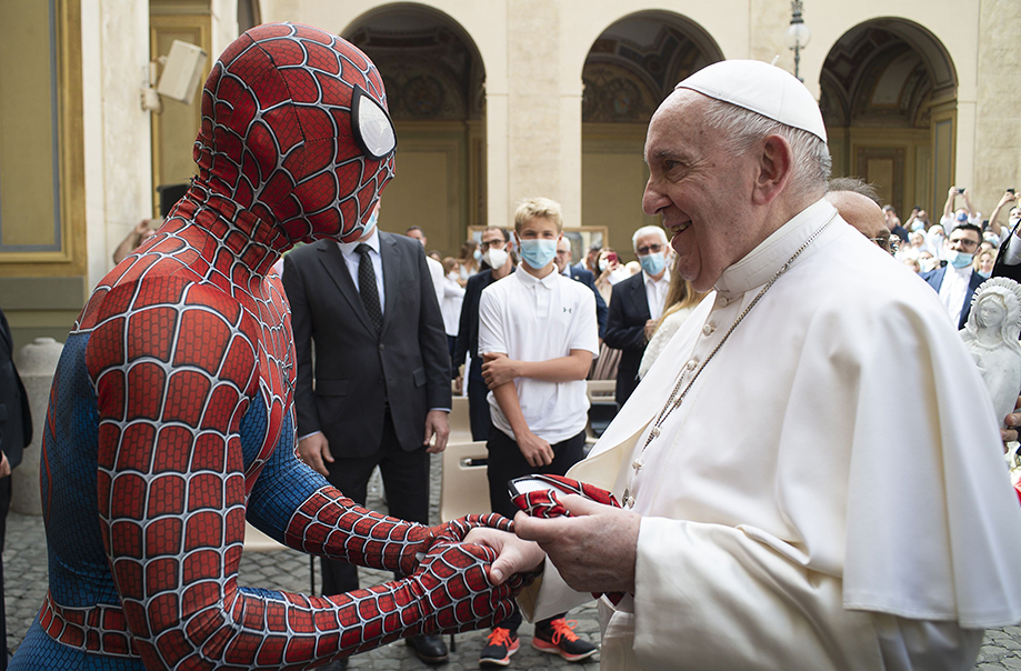 Spiderman visits Pope Francis