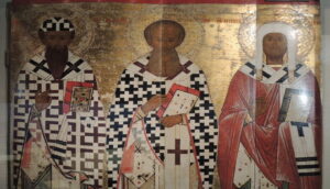 Die Heiligen Kyrill und Athanasius von Alexandrien, mit Leontius von Rostow.