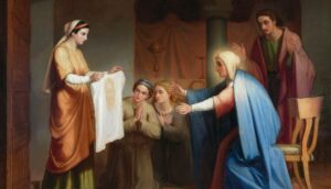 Veronie zeigt den Schleier mit dem Heiligen Antlitz der Jungfrau Maria und dem Heiligen Johannes.