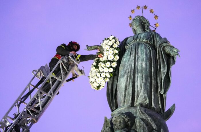 The Immaculate Conception is covered in flowers
