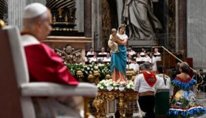 Pope before the image of Our Lady of Peace, in St. Peter's, April 2026.